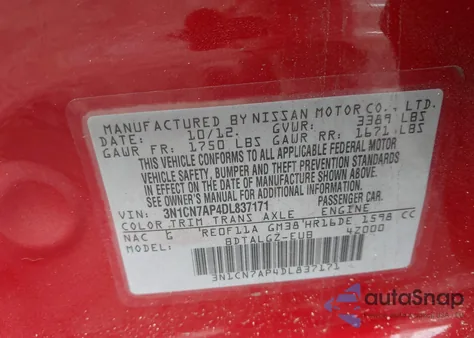 2013 Nissan Versa 1.6 Sl from USA, damaged, VIN 3N1CN7AP4DL837171